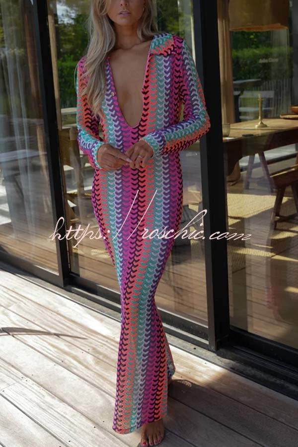 Eleanor Knit Colorful Wave Unique Print Shirt U-neck Long Sleeve Slit Maxi Dress