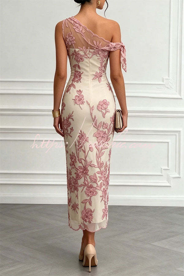 Kylen Floral Embroidery Bow Lace One Shoulder Sleeveless Sheath Maxi Dress