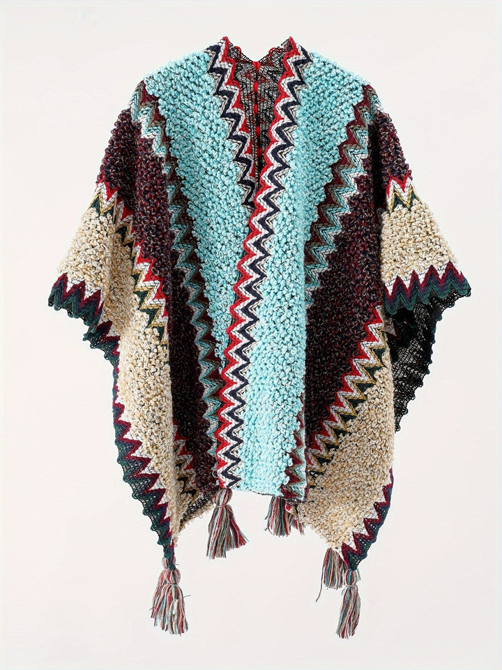 Briana Blanket with Tassels and Stripe Pattern Cape Travel Jacket, view 3 - Elena Harper