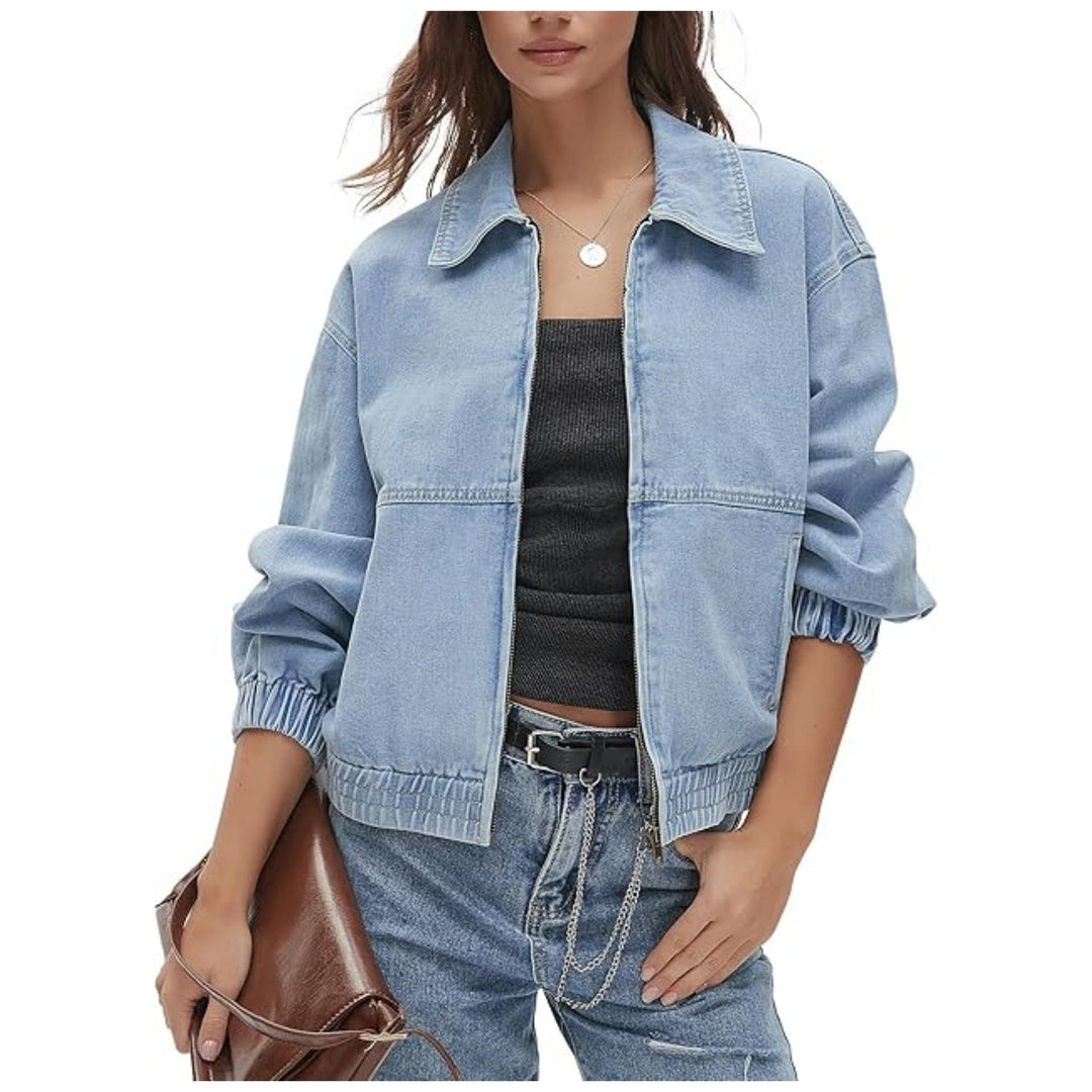 Short Retro Style Denim Jacket with Zip and Lapels