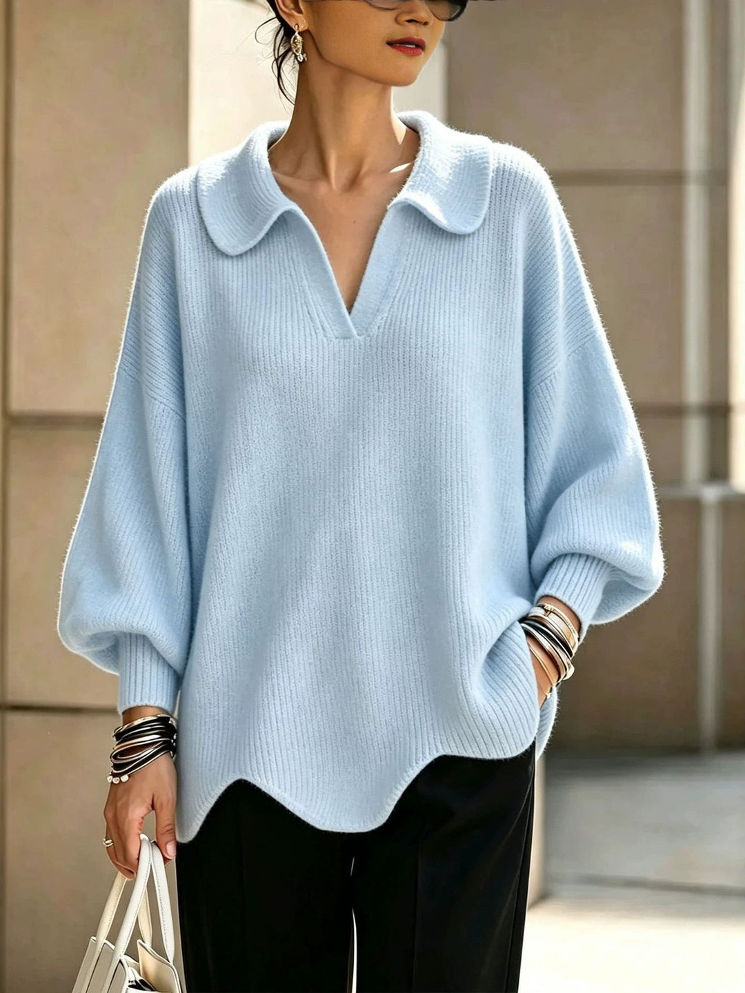Women's V-Neck Sweater with Lantern Sleeves - Casual and Feminine