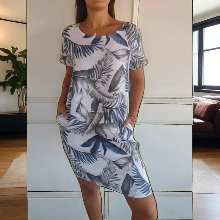 Teres Round Neck Dress with Botanical Print, view 2 - Elena Harper