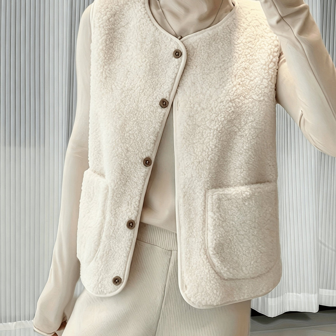 Montarello Women's Teddy Effect Shearling Vest with Front Buttons