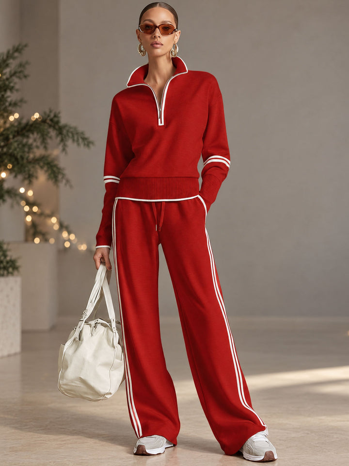 Retro Sporty Webbing Grey-white Half-zip Sweatshirt And Wide-leg Pants Set