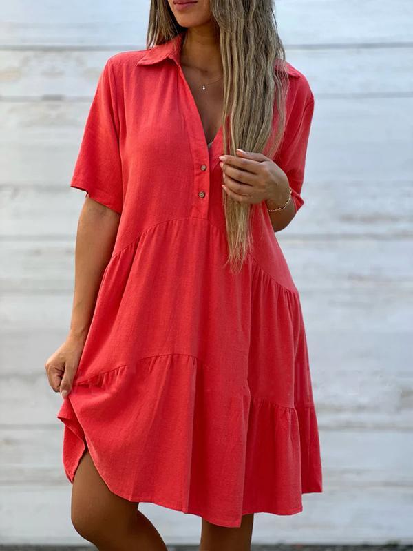 Short Women's Linen Cotton Dress Loose Fit V-Neck Buttoned Summer, view 4 - Elena Harper