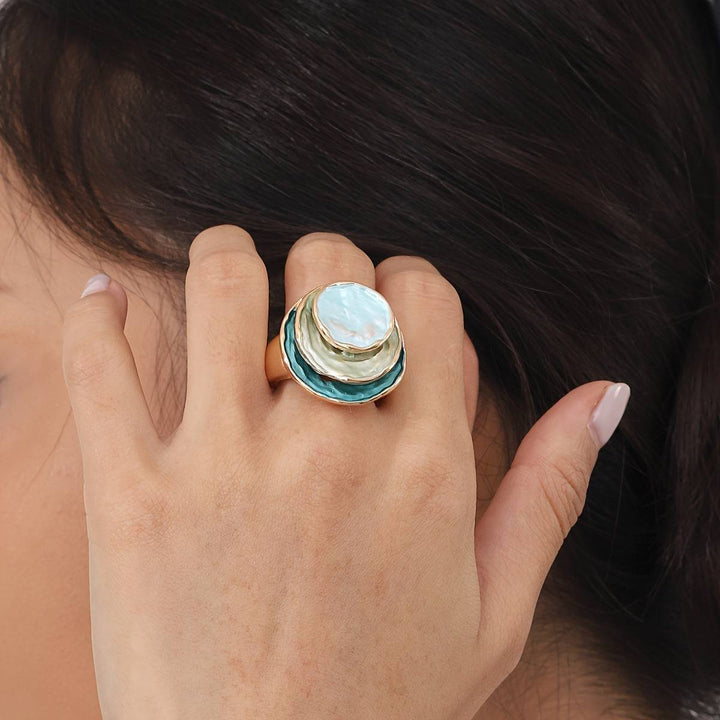 Emma & Rose Cape Town Shana™ Boho triple layer ring featuring intertwined gold-tone bands on a white background.