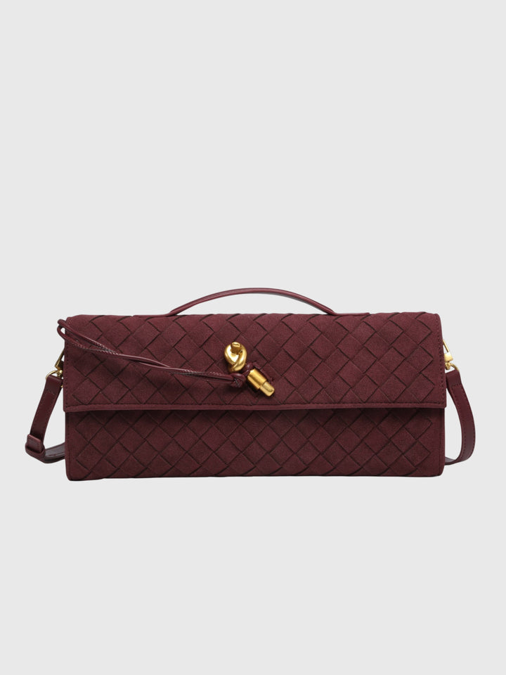 Cherry Luxury Suede Intrecciato Clutch, view 8 - Elena Harper