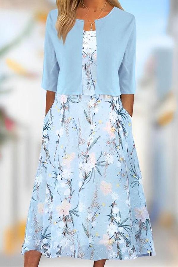 Unique Blue Plant Print Midi Dress With Jacket - Elena Harper