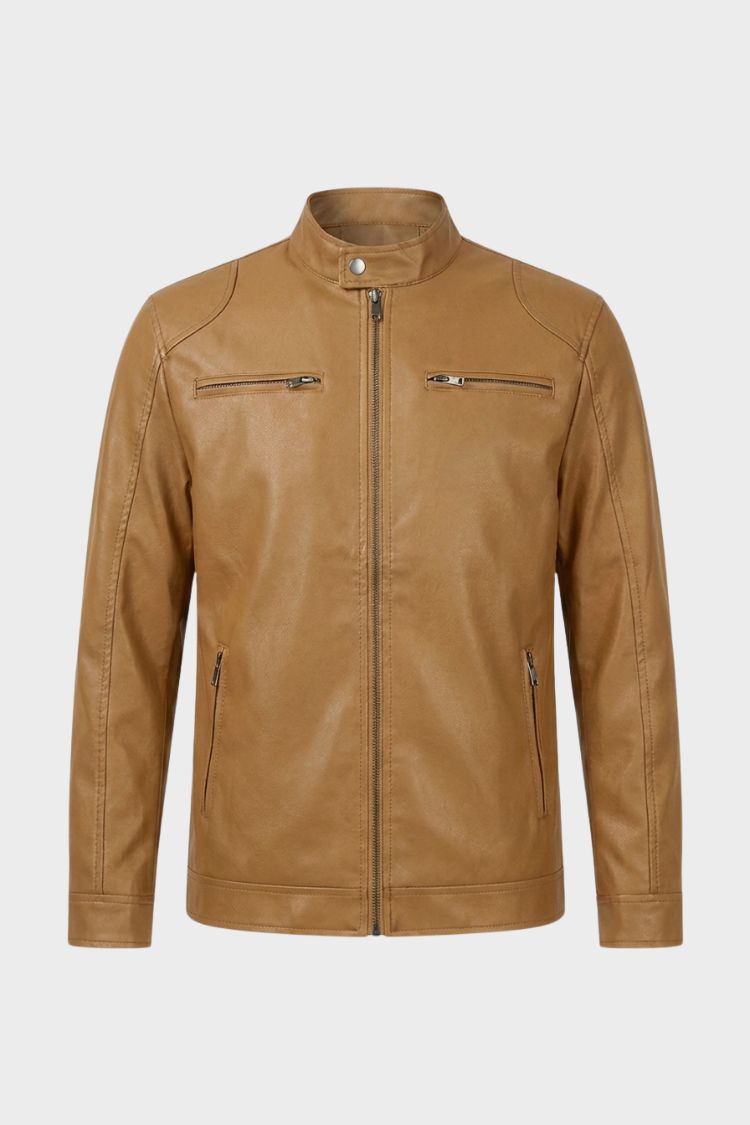 Men's Biker Jacket Stand Collar & Zipper Pockets, view 6 - Elena Harper