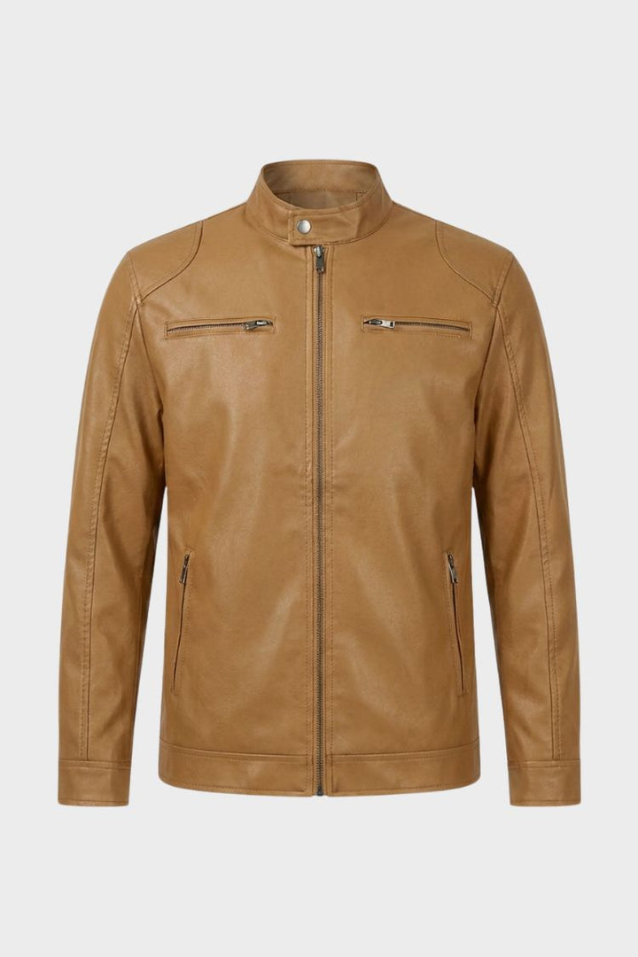 Men's Biker Jacket Stand Collar & Zipper Pockets, view 6 - Elena Harper