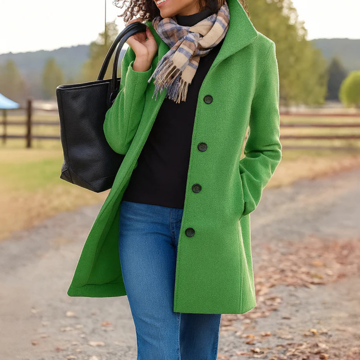 Elegant Long Buttoned Women's Coat with High Collar