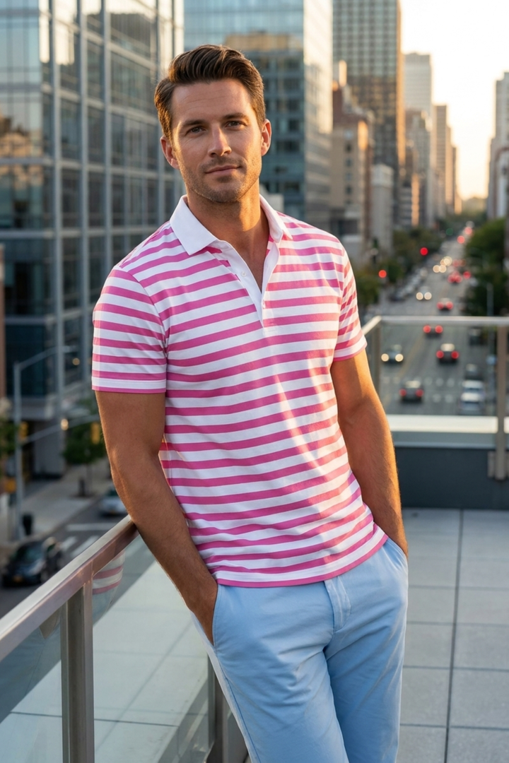 Men's Striped Polo Shirt Classic Collar, view 10 - Elena Harper