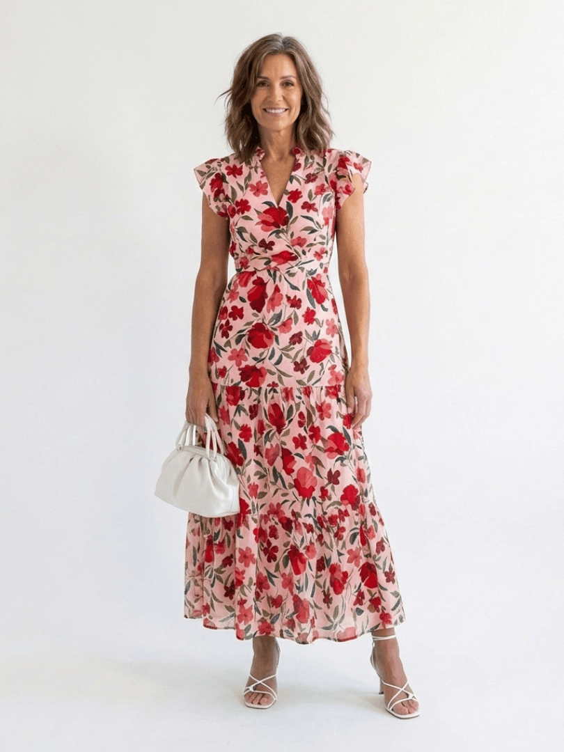 Lila™ V-neck tiered midi dress by Emma & Rose Cape Town, featuring flowing fabric and a stylish V-neck design.