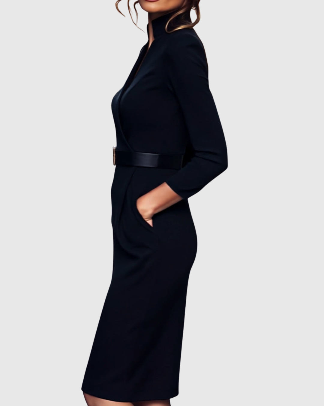 Women's Elegant Mock Wrap Midi Dress with Flattering Belt