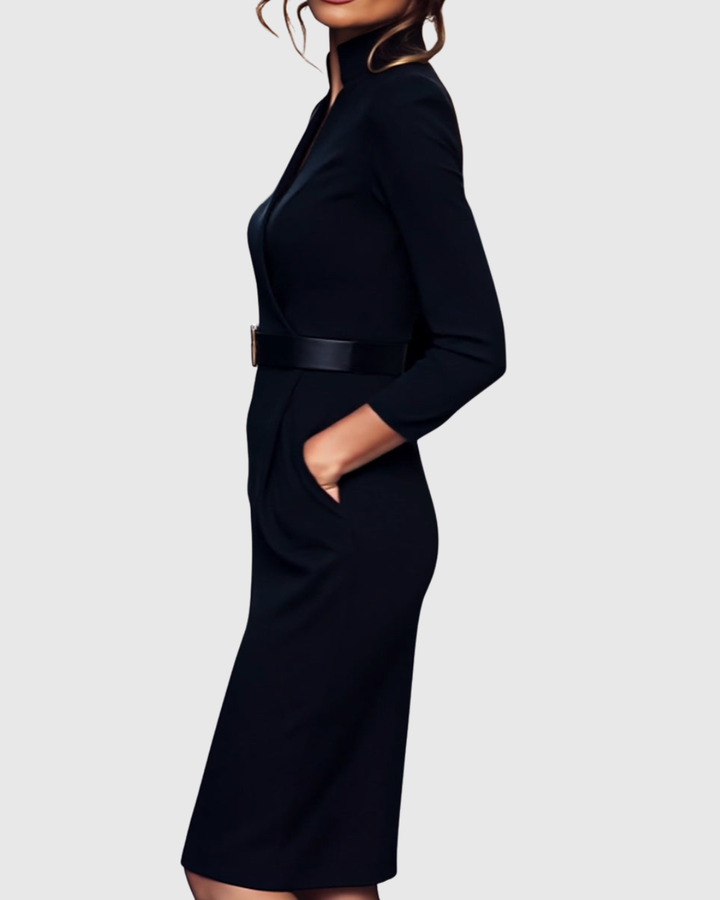 Women's Elegant Mock Wrap Midi Dress with Flattering Belt