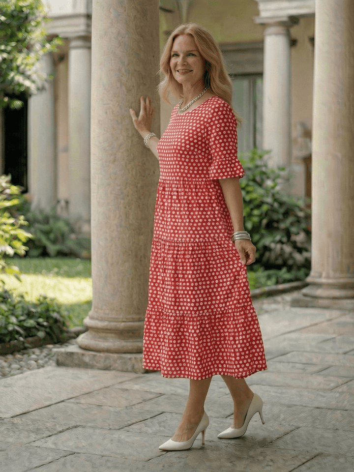 Emma & Rose Cape Town Arlo™ Dot Tiered Midi Dress, featuring a tiered design and polka dot pattern in soft fabric.