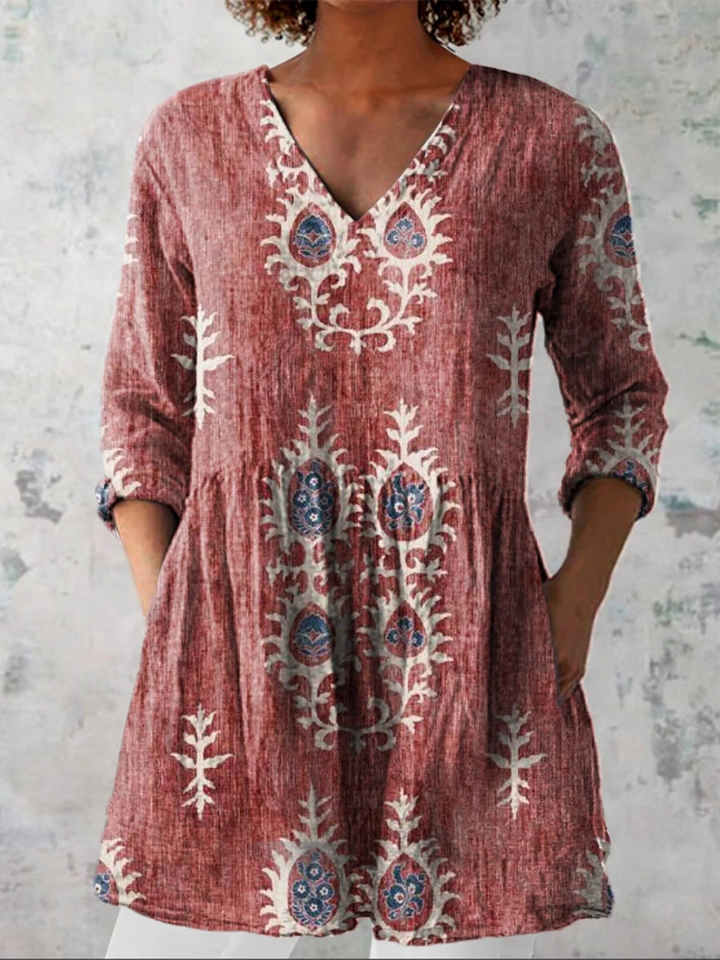 Elise Long Blouse with V-Neck - Elena Harper