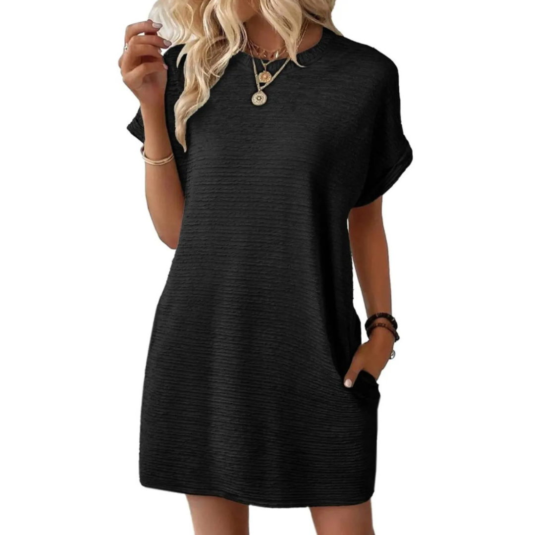 Tessa Minimalist Round Neck Summer Dress, view 9 - Elena Harper