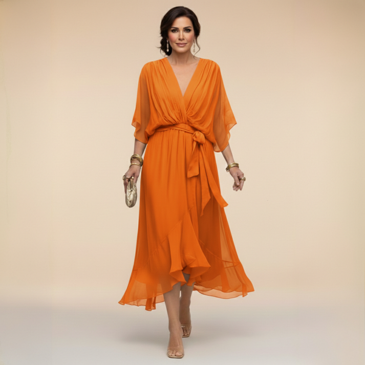 Harshani Ruffle Dress with V-Neck, view 10 - Elena Harper