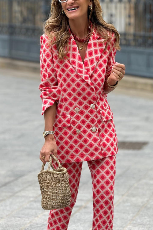 Women's Geometric Print Double Button Blazer & Flare Pants Set