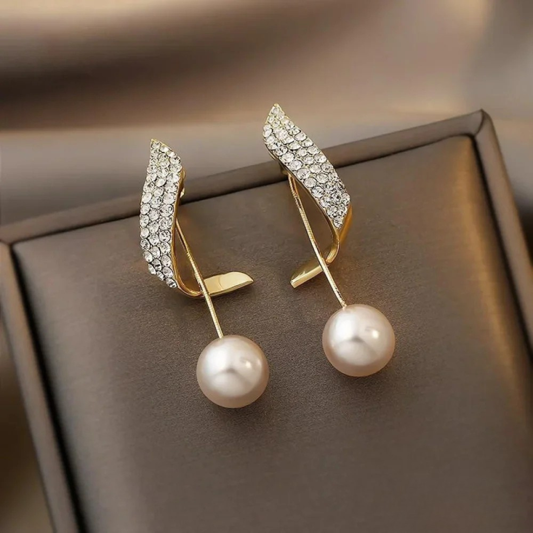 Gold Earrings with Pearl, view 2 - Elena Harper