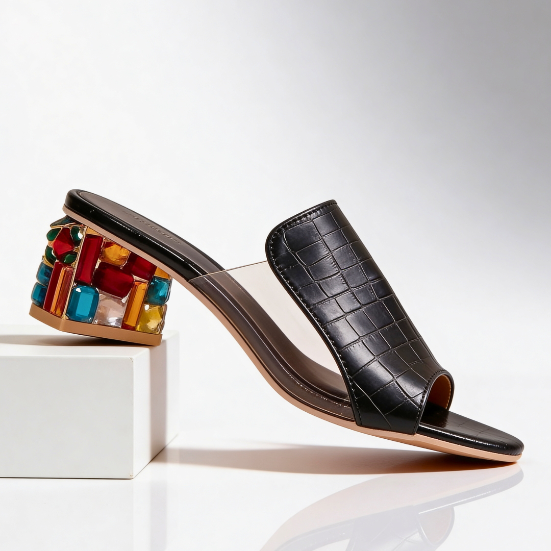Ladies' Slippers with Rhinestones Block Heel - Peep-Toe Sandals