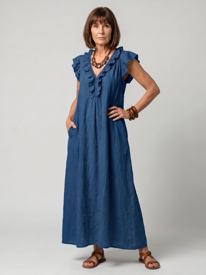 Women's Sleeveless Ruffle Trim Midi Dress - Flowing & Comfortable