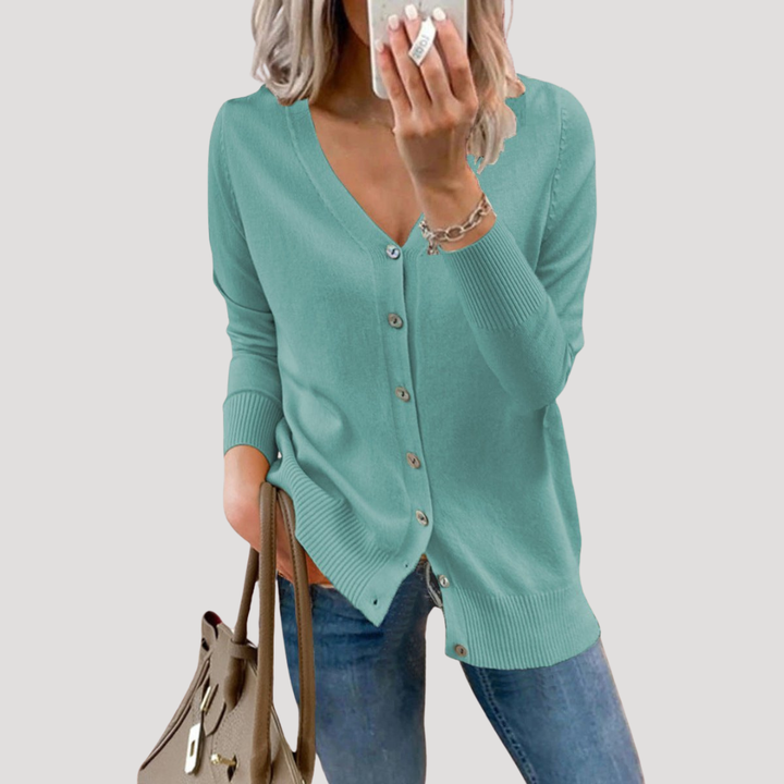 Women's V-Neck Knit Cardigan with Ribbed Cuffs