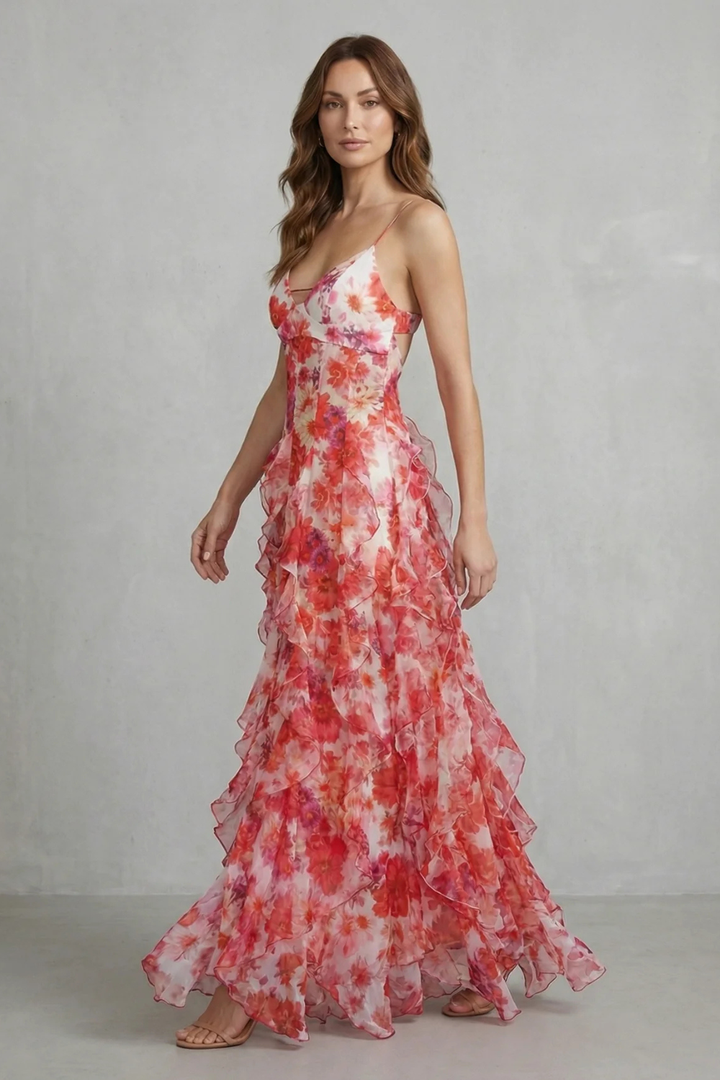 Fiorella – Watercolour bloom flow – Ruffled chiffon maxi dress