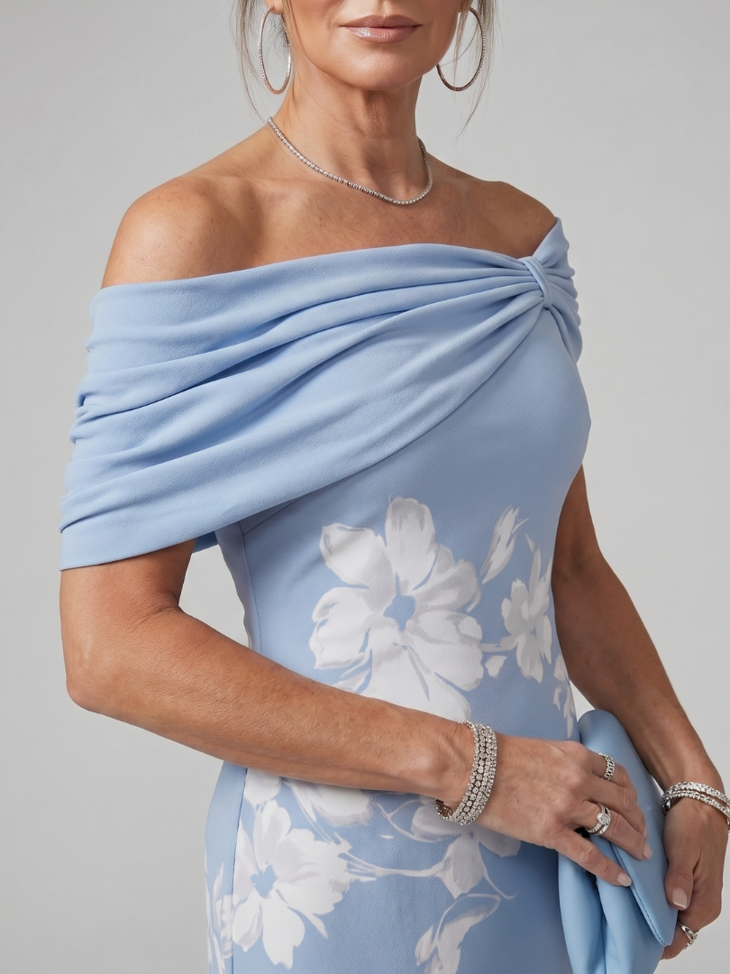 Women's Off Shoulder Draped Neckline Midi Dress, view 9 - Elena Harper