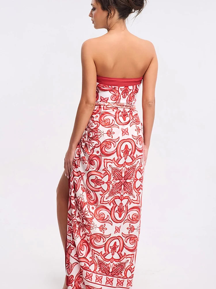 Ethnic Print One-Piece Swimsuit Set