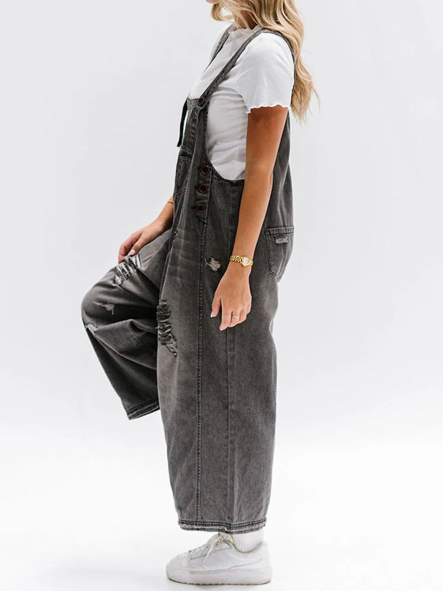 Elessa Loose Fit Denim Overalls in Worn Look, view 9 - Elena Harper