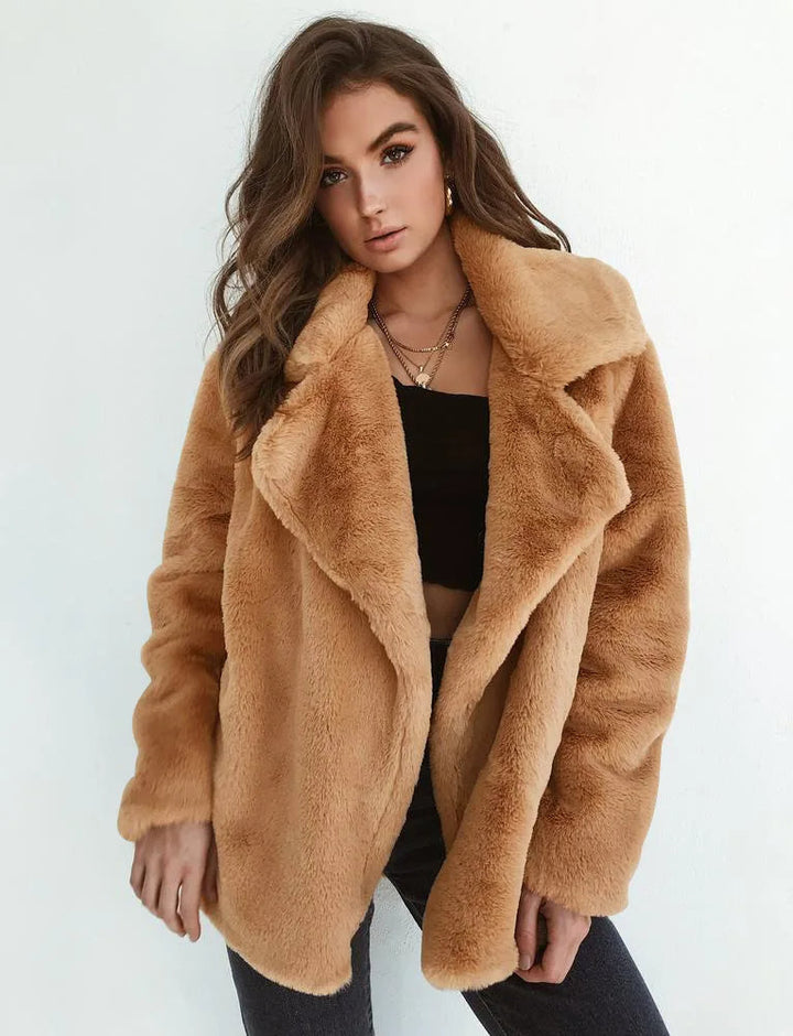Women's Faux Fur Teddy Jacket with Wide Lapel Collar, view 8 - Elena Harper
