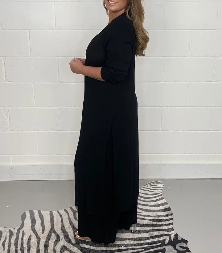 Women's Long Sleeve V-Neck Slit Top & Pants Set Relaxed Fit, view 5 - Elena Harper