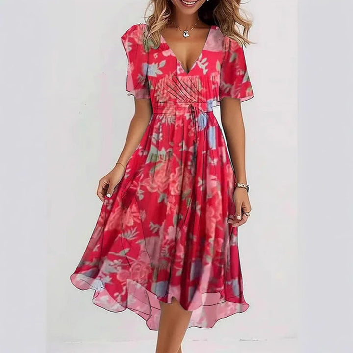 Women's Midi Floral Wrap Dress – A-Line Style with Short Sleeves