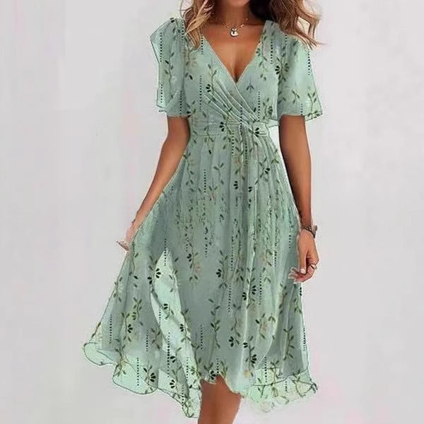 Women's Midi Floral Wrap Dress – A-Line Style with Short Sleeves
