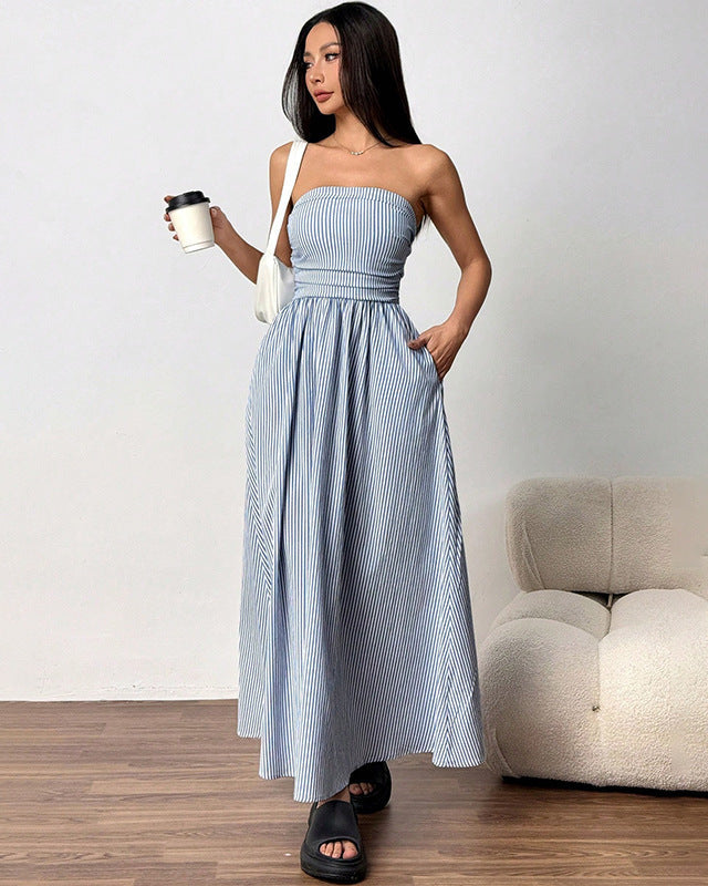 Summer Maxi Dress for Women Strapless with Pockets