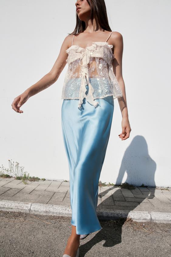 Festive Sequin Women's Top with Bow Closure and Ruffles, view 2 - Elena Harper