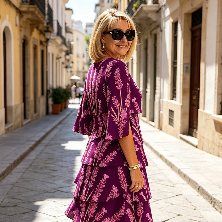Mid-Length Women's Dress with Layered Ruffles and Split Sleeves in Lavender Print, view 6 - Elena Harper