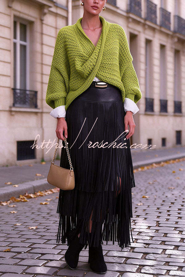 Evie Faux Leather High Rise Three-layer Tassels Stretch Maxi Skirt