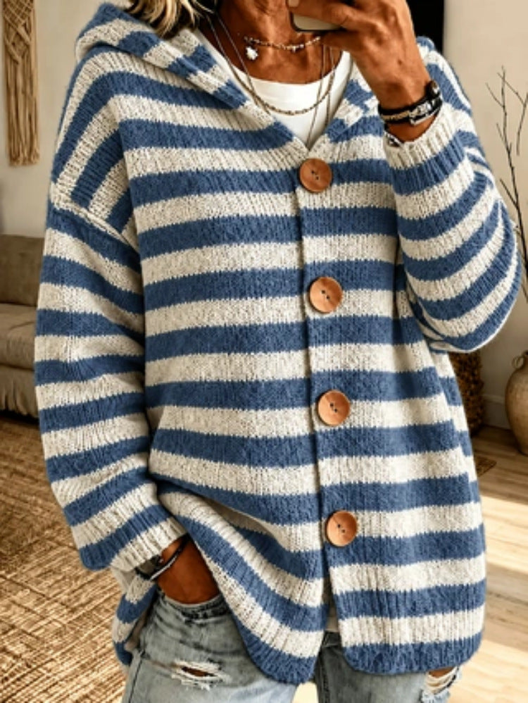 Women's Striped Hooded Cardigan Warm and Casual, view 9 - Elena Harper