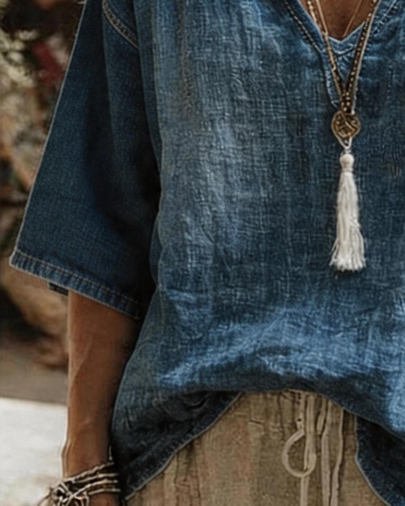 Syleena Jeans Top with V-Neck and Half Sleeves, view 3 - Elena Harper