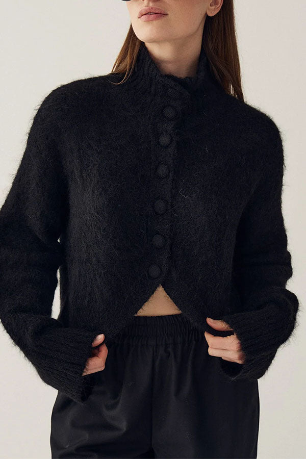 Martina Solid Color Knit High Neck Button Long Sleeve Wave Hem Crop Cardigan
