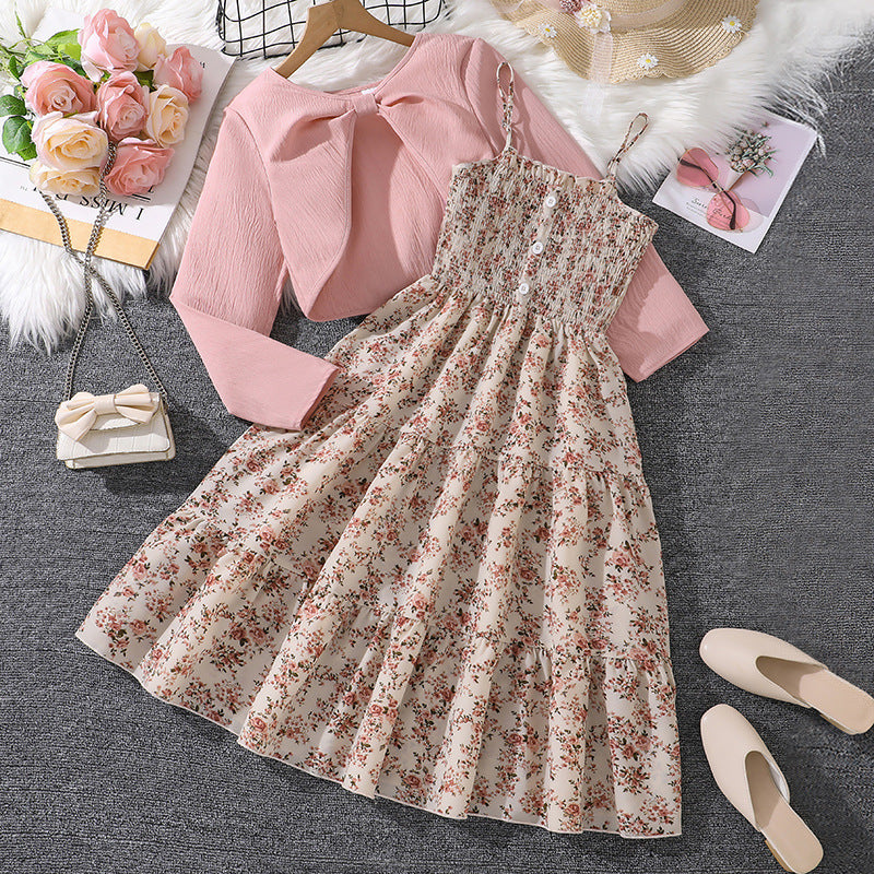 Girl's Dress with Straps, Floral Print and Long Sleeves, view 5 - Elena Harper