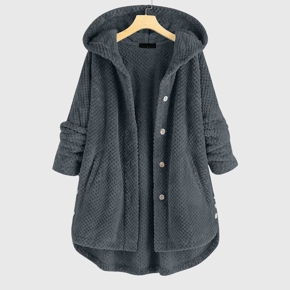 Franca™ Emma & Rose Cape Town soft luxurious fabric jacket with hood, stylish coat for cold weather, front view.