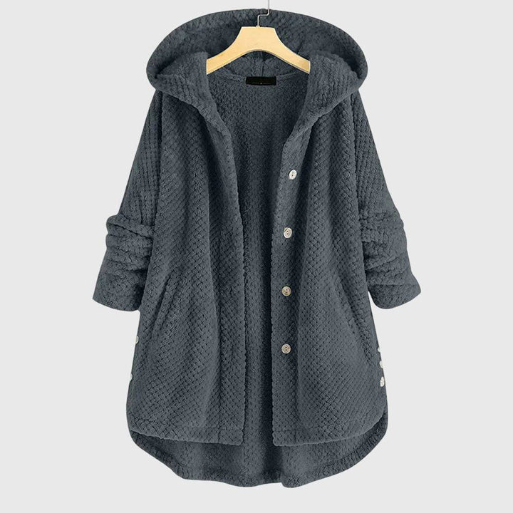 Franca™ Emma & Rose Cape Town soft luxurious fabric jacket with hood, stylish coat for cold weather, front view.