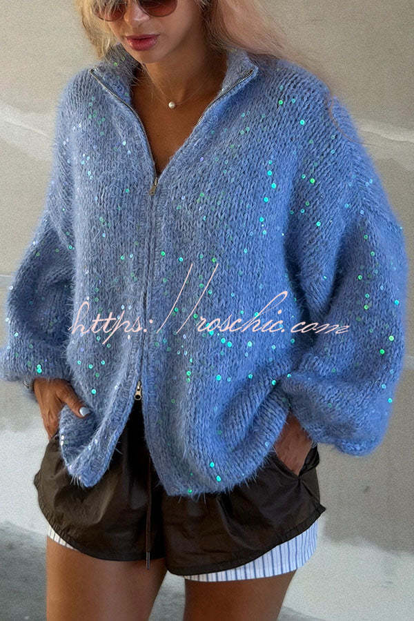 Relaxed Sequin Mohair-blend Knit High Neck Zipper Balloon Sleeve Cardigan - Elena Harper