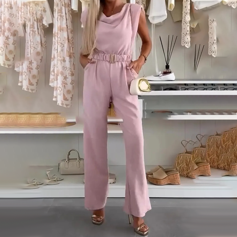 Sleeveless Women's Jumpsuit with Draped Neckline and Elastic Waist Elegant, view 3 - Elena Harper