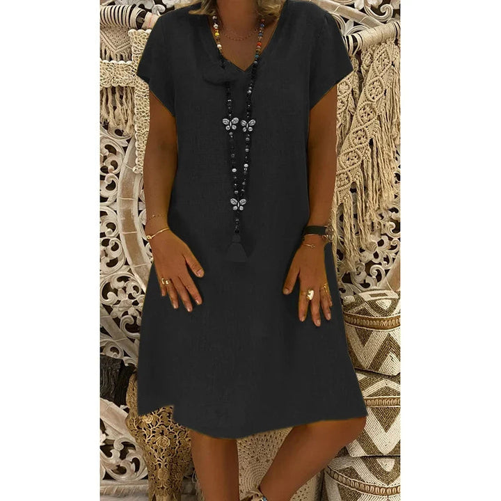 Samaira | Women's Midi Dress with V-Neck and Short Sleeves | Soft