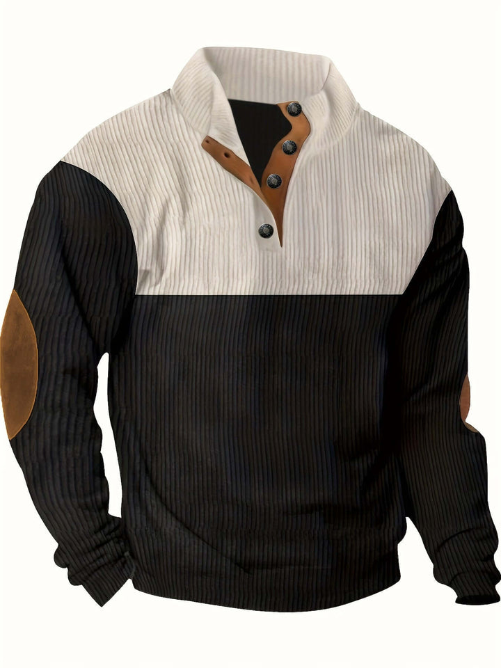 Men's Ribbed Quarter Button Sweater with Elbow Patches, view 5 - Elena Harper